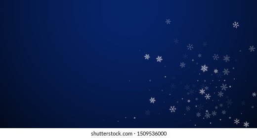 Sparse snowfall Christmas background. Subtle flying snow flakes and stars on dark blue night background. Artistic winter silver snowflake overlay template. Vibrant vector illustration.