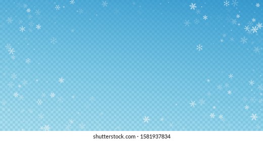 Sparse snowfall Christmas background. Subtle flying snow flakes and stars on blue transparent background. Bewitching winter silver snowflake overlay template. Beautiful vector illustration.