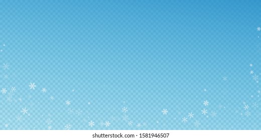 Sparse snowfall Christmas background. Subtle flying snow flakes and stars on blue transparent background. Authentic winter silver snowflake overlay template. Cool vector illustration.