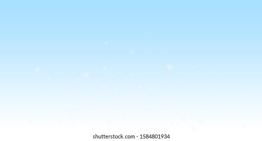 Sparse snowfall Christmas background. Subtle flying snow flakes and stars on winter sky background. Astonishing winter silver snowflake overlay template. Radiant vector illustration.