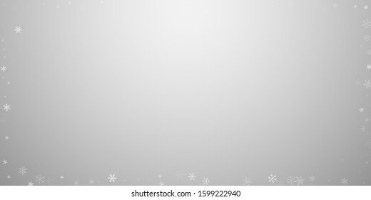 Sparse snowfall Christmas background. Subtle flying snow flakes and stars on light grey background. Beauteous winter silver snowflake overlay template. Attractive vector illustration.