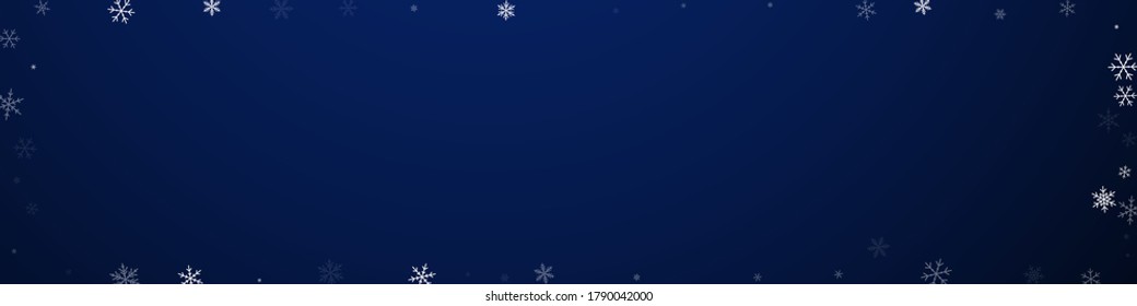 Sparse snowfall Christmas background. Subtle flying snow flakes and stars on dark blue background. Brilliant winter silver snowflake overlay template. Cute panoramic illustration.