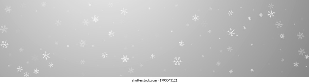 Sparse snowfall Christmas background. Subtle flying snow flakes and stars on grey background. Bold winter silver snowflake overlay template. Grand panoramic illustration.