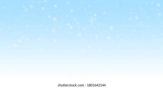Sparse snowfall Christmas background. Subtle flying snow flakes and stars on winter sky background. Beauteous winter silver snowflake overlay template. Terrific vector illustration.