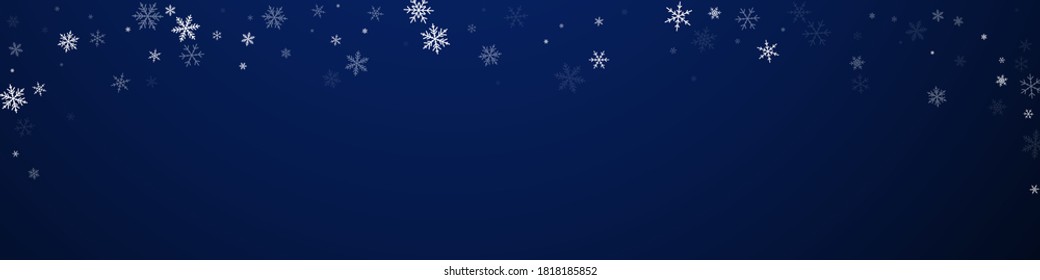 Sparse snowfall Christmas background. Subtle flying snow flakes and stars on dark blue background. Breathtaking winter silver snowflake overlay template. Pretty panoramic illustration.
