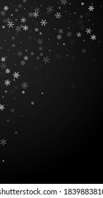 Sparse snowfall Christmas background. Subtle flying snow flakes and stars on black background. Alluring winter silver snowflake overlay template. Valuable vertical illustration.