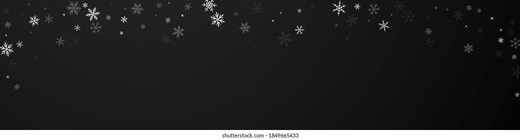 Sparse snowfall Christmas background. Subtle flying snow flakes and stars on black background. Breathtaking winter silver snowflake overlay template. Precious panoramic illustration.