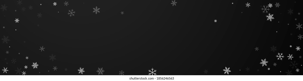 Sparse snowfall Christmas background. Subtle flying snow flakes and stars on black background. Captivating winter silver snowflake overlay template. Appealing panoramic illustration.