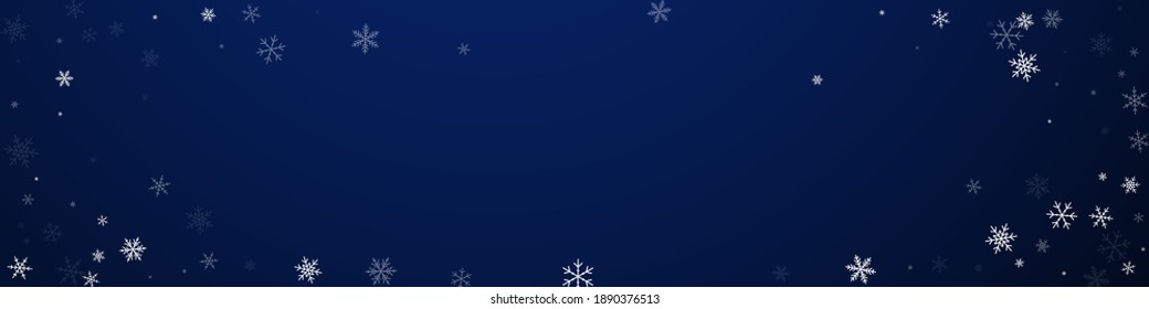 Sparse snowfall Christmas background. Subtle flying snow flakes and stars on dark blue background. Captivating winter silver snowflake overlay template. Artistic panoramic illustration.