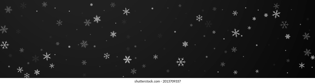 Sparse snowfall Christmas background. Subtle flying snow flakes and stars on black background. Bold winter silver snowflake overlay template. Gorgeous panoramic illustration.