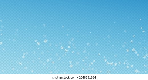 Sparse snowfall Christmas background. Subtle flying snow flakes and stars on blue transparent background. Authentic winter silver snowflake overlay template. Extraordinary vector illustration.