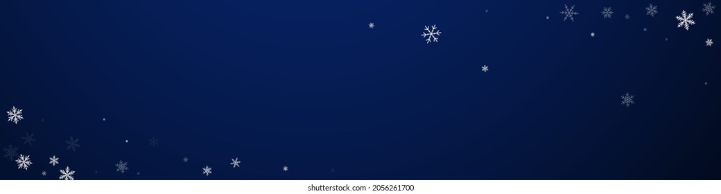 Sparse snowfall Christmas background. Subtle flying snow flakes and stars on dark blue background. Bold winter silver snowflake overlay template. Amazing panoramic illustration.