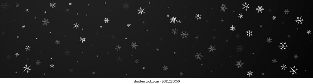 Sparse snowfall Christmas background. Subtle flying snow flakes and stars on black background. Bold winter silver snowflake overlay template. Original panoramic illustration.
