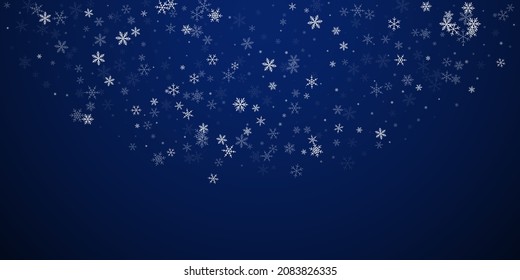 Sparse snowfall Christmas background. Subtle flying snow flakes and stars on dark blue night background. Beautiful winter silver snowflake overlay template. Mind-blowing vector illustration.