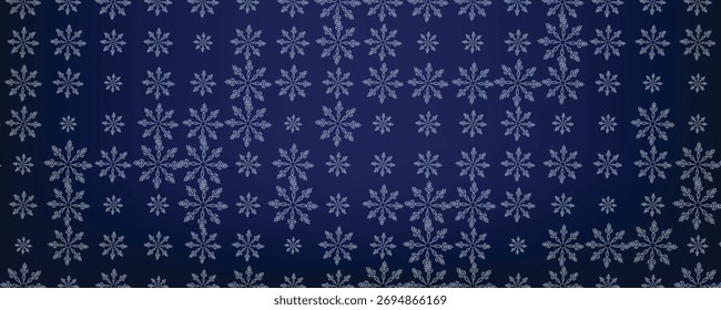 Sparse snowfall Christmas background. Subtle flying snow flakes and stars on dark blue night background. Beauteous winter silver snowflake overlay template. Symmetrical vector illustration.