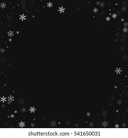 Sparse snowfall. Corner frame with sparse snowfall on black background. Vector illustration.