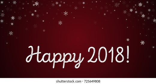 Sparse snowfall Happy 2018 greeting card on red background. Pleasing vector illustration.