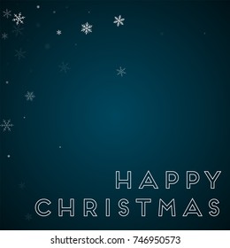Sparse snowfall Happy Christmas greeting card on blue background. Delightful vector illustration.