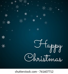 Sparse snowfall Happy Christmas greeting card on blue background. Gorgeous vector illustration.