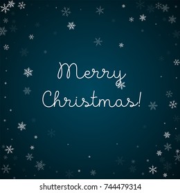 Sparse snowfall Merry Christmas greeting card on blue background. Unusual vector illustration.