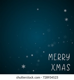 Sparse snowfall Merry Xmas greeting card on blue background. Amazing vector illustration.