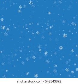 Sparse snowfall. Scatter horizontal lines with sparse snowfall on blue background. Vector illustration.