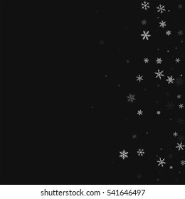Sparse snowfall. Scatter right gradient with sparse snowfall on black background. Vector illustration.