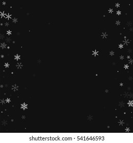 Sparse snowfall. Scattered frame with sparse snowfall on black background. Vector illustration.