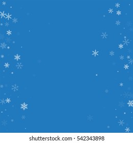 Sparse snowfall. Scattered frame with sparse snowfall on blue background. Vector illustration.