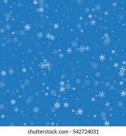 Sparse snowfall. Scattered pattern with sparse snowfall on blue background. Vector illustration.