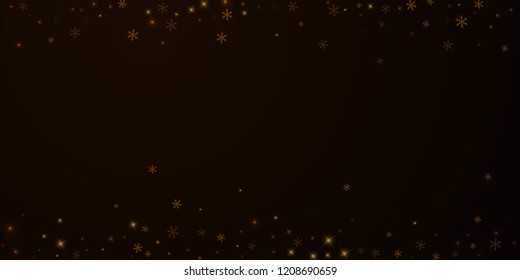 Sparse starry snow Christmas overlay. Christmas lights, bokeh, snow flakes, stars on night background. Luxury actual sparkling overlay template. Exquisite vector illustration.
