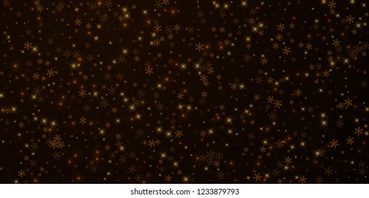 Sparse starry snow Christmas overlay. Christmas lights, bokeh, snow flakes, stars on night background. Luxury actual sparkling overlay template. Remarkable vector illustration.