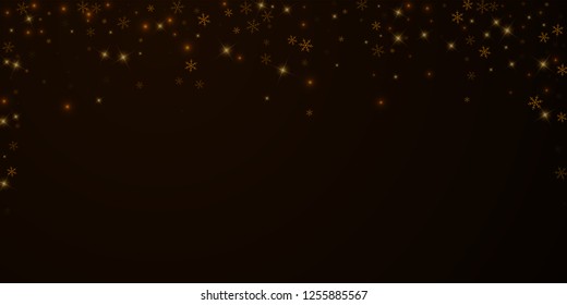 Sparse starry snow Christmas overlay. Christmas lights, bokeh, snow flakes, stars on night background. Luxury actual sparkling overlay template. Imaginative vector illustration.