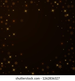 Sparse starry snow Christmas overlay. Christmas lights, bokeh, snow flakes, stars on night background. Luxury actual sparkling overlay template. Emotional vector illustration.