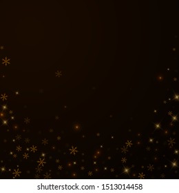 Sparse starry snow Christmas overlay. Christmas lights, bokeh, snow flakes, stars on night background. Luxury actual sparkling overlay template. Awesome vector illustration.