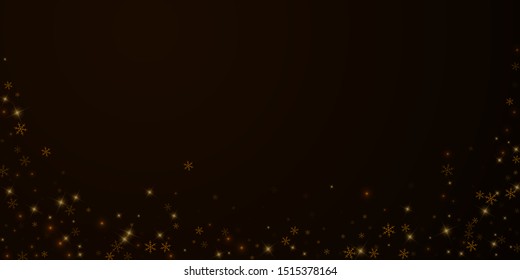 Sparse starry snow Christmas overlay. Christmas lights, bokeh, snow flakes, stars on night background. Luxury actual sparkling overlay template. Juicy vector illustration.