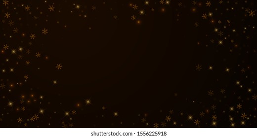 Sparse starry snow Christmas overlay. Christmas lights, bokeh, snow flakes, stars on night background. Luxury actual sparkling overlay template. Stylish vector illustration.