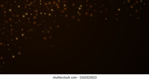 Sparse starry snow Christmas overlay. Christmas lights, bokeh, snow flakes, stars on night background. Luxury actual sparkling overlay template. Majestic vector illustration.