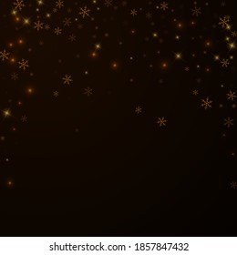 Sparse starry snow Christmas overlay. Christmas lights, bokeh, snow flakes, stars on night background. Luxury actual sparkling overlay template. Attractive vector illustration.