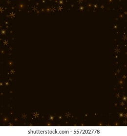 Sparse starry snow. Square scattered border with sparse starry snow on black background. Vector illustration.
