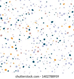 Sparse Terrazzo Seamless Repeat Vector Pattern.  Multicolor on white.  Thousands of random non-overlapping elements.  Generative Art (made with code). 
