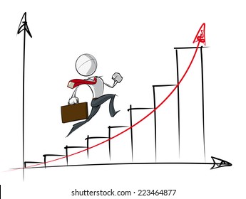 Sparse Vector Illustration Of A Of A Generic Business Cartoon Character Running Up An Exponential Growth Chart.