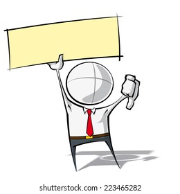 Sparse vector illustration of a of a generic Business cartoon character with thumbs down, holding up a label.
