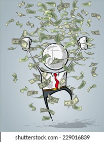 Sparse vector illustration of a of a generic Business cartoon character celebrating under money rain.