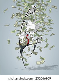 Sparse vector illustration of a of a generic Business cartoon character shouting YES under money rain.