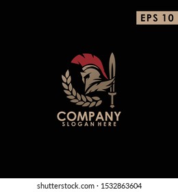 Sparta Gladiator Head Logo With Sword And Leaf Design Vector Template With Luxury