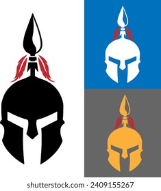 Casco de esparta con lanza y vector de plumas rojas, logotipo de casco espartano