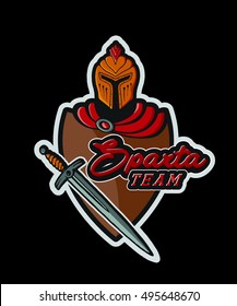 Sparta Team. Handmade helmet, sword and shield. Design fashion apparel print. T shirt graphic vintage grunge vector illustration crests and heraldry badge label logo template.