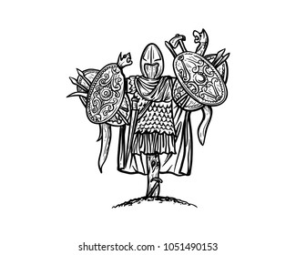 Spartan Armor Complete with Shield and Sword on the Wooden Pole Sign Symbol Vector
 