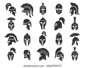 Spartan black helmets. Ancient roman gladiator headgear protection, monochrome silhouettes of medieval classical greek soldier war equipment. Vector set of spartan or roma of helmet